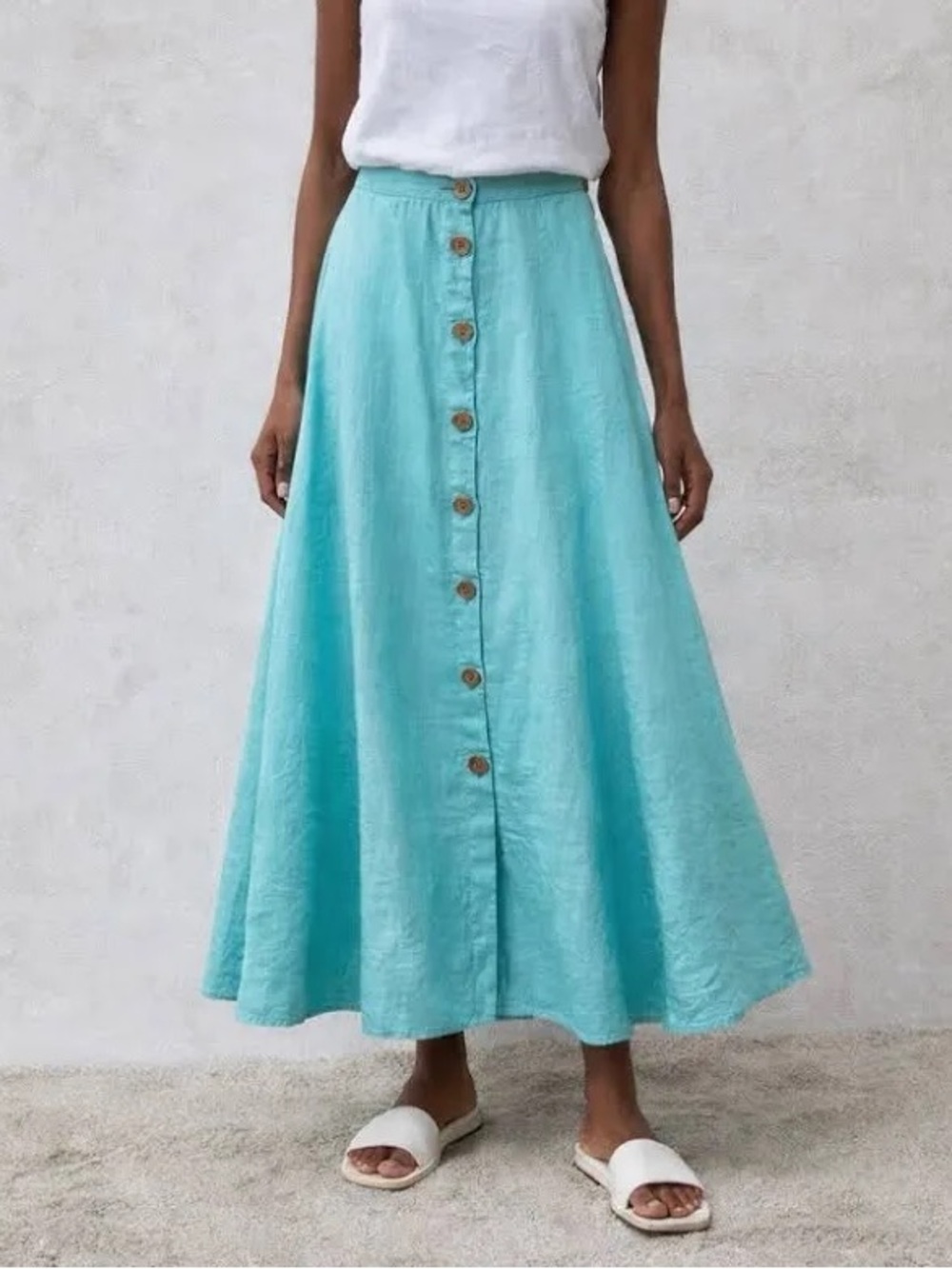 Euro Summer 100% Linen Turquoise Eco Minimalist Vaca Button-Front Maxi Skirt